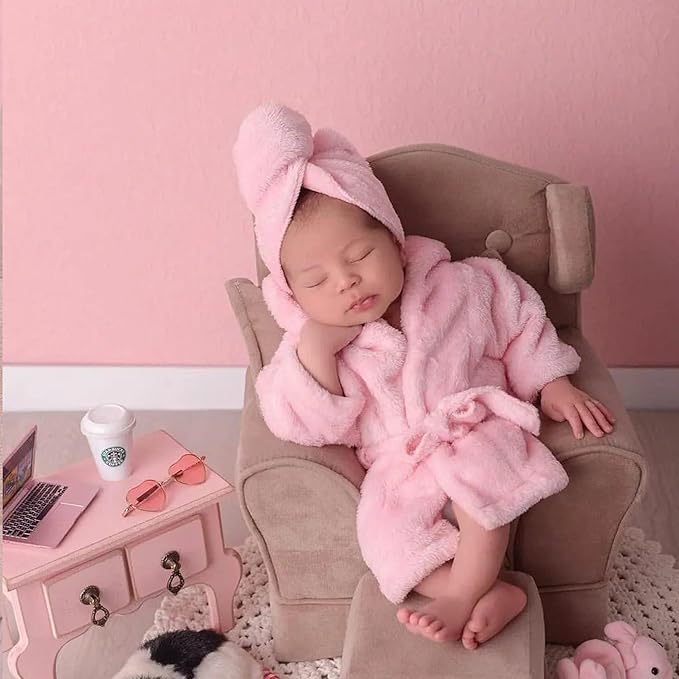 M&G House Newborn Photography Props Bathrobe Outfits Girl Baby Robe Bath Towel Costume Sets 0-6 Months(Pink)
