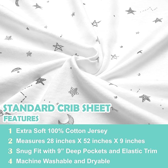 American Baby Company 3 Pack 100% Natural Cotton Fitted Crib Sheets 52" x 28" - Soft, Breathable, Hypoallergenic & Gentle Toddler Bed Sheets, Gray Stars/Gray/White, Neutral for Boys & Girls