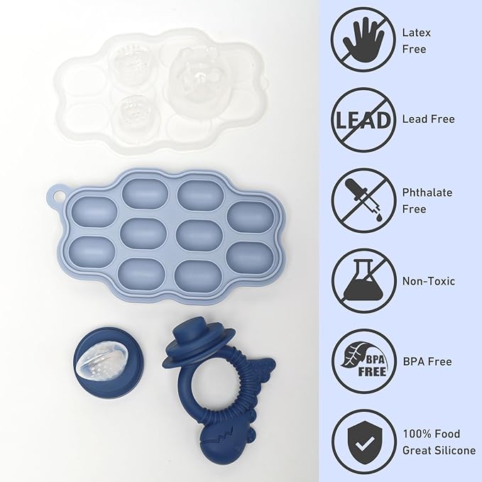 Baby Breastmilk Popsicle Molds & Baby Fruit Feeder Pacifier, Silicone Baby Food Freezer Tray Storage Containers for Infant Teething Self Feeding (1 Set)