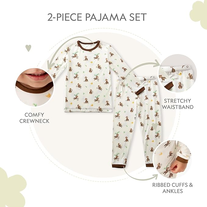 Toddler Pajamas – 95% Bamboo Viscose, 5% Spandex – Soft, Breathable Long-Sleeve Pajama Set for Kids, Sleepwear, Imported