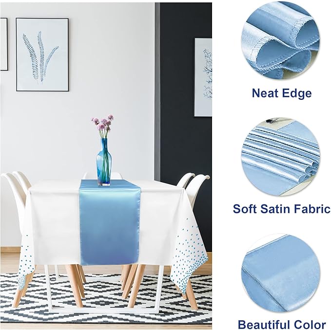 8Pack Disposable Plastic Tablecloths and Satin Table Runner Set White and Light Blue Dot Tablecloth Light Blue Satin Table Runner for Wedding Birthday Baby Shower Engagement Christmas Party Supplies