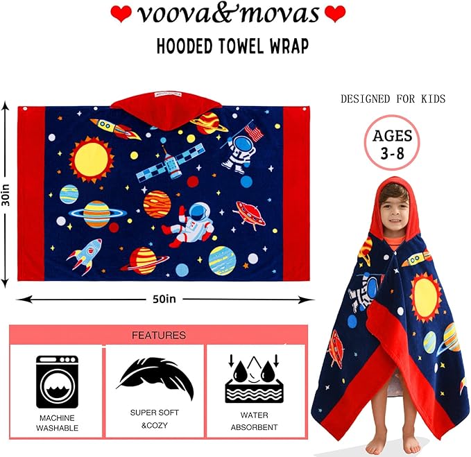 VOOVA & MOVAS Kids Hooded Towels Age 3-10, 30''X50,Soft | Thick | Absorbent Cotton Beach, Bath, Pool Towel | Wrap, Oversized for Boys Girls | Space Theme
