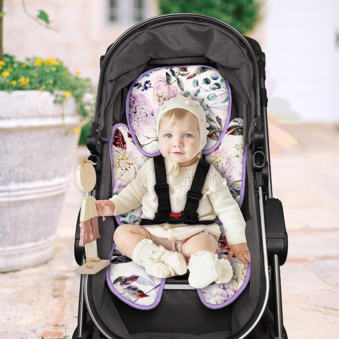 Infant Car Seat Insert for Newborn Girls Boys, HNHUAMING 2 In 1 Reversible Baby Car Seat Head & Body Support, Extra Soft Baby Car Seat Cushion Insert for Strollers, Swings, and Bouncers, Purple Floral