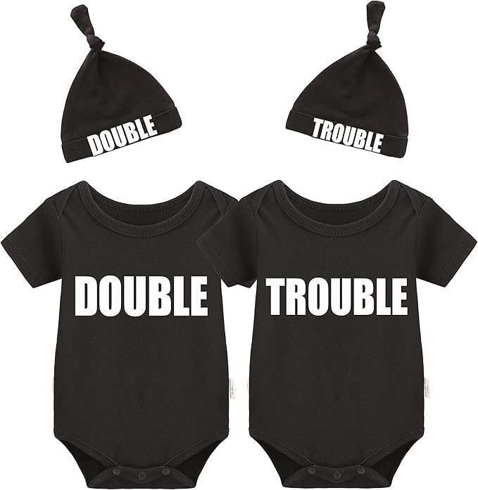 YSCULBUTOL Baby Twins Bodysuits Funny Double Trouble Cute Girl Romper Twin Jumpsuits Hat Set
