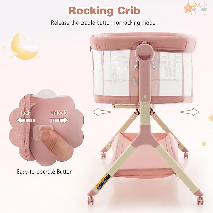 BABY JOY Bassinet, 3 in 1 Rocking Bedside Bassinet w/Storage Basket, Universal Wheels, Adjustable Height, Mattress, Net & Portable Bag, Carriable Crib Baby Bassinets Bedside Sleeper (Pink)