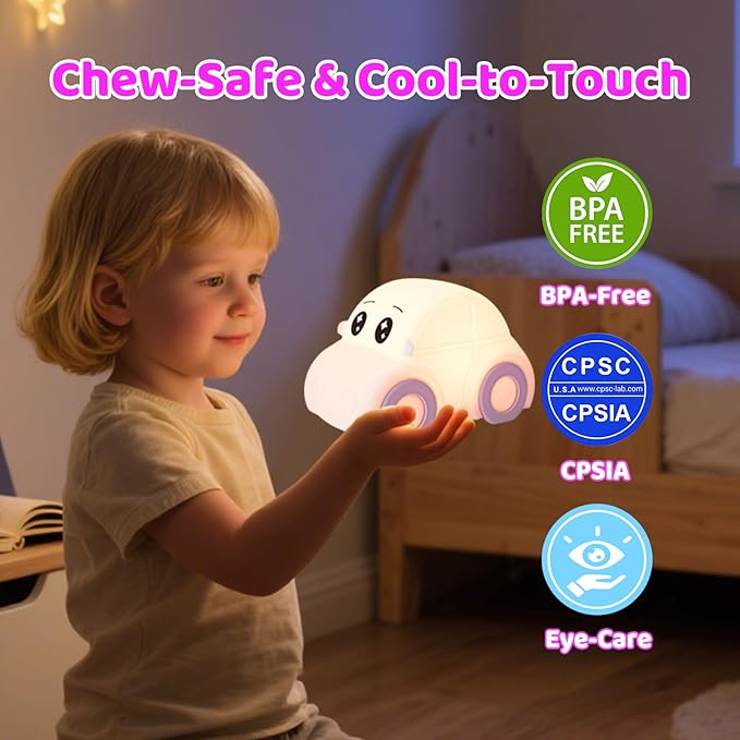 Car Night Light for Kids, Color Changing+Dimmable+1800mAh Rechargeable+Timer+Silicone, Squishy Touch Toddler Night Light, Novelty Nursery Nightlight for Kids Room, Funny Gifts, Girls, Baby