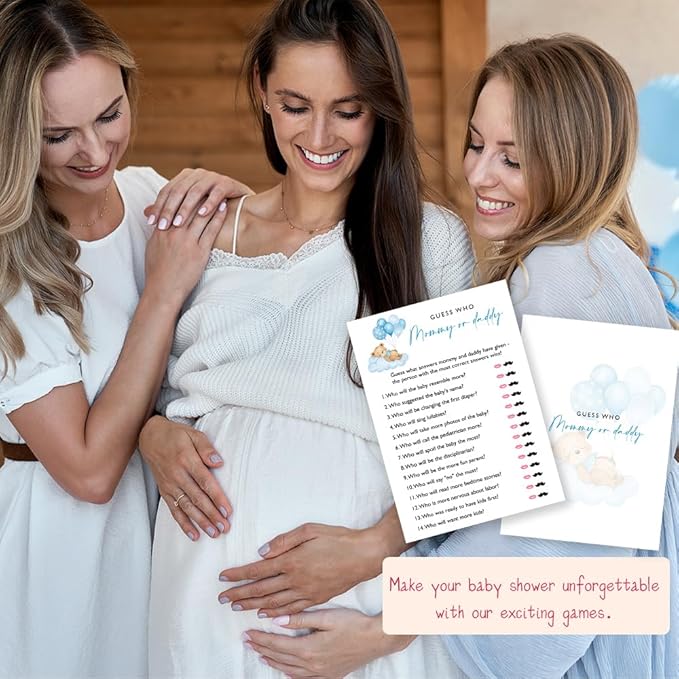 Guess Who Mommy or Daddy Baby Shower Game, 25 Double-Sided Blue Bear Games for Boys, Interactive Baby Boy Party Supplies, Baby Boy Celebrations - B02