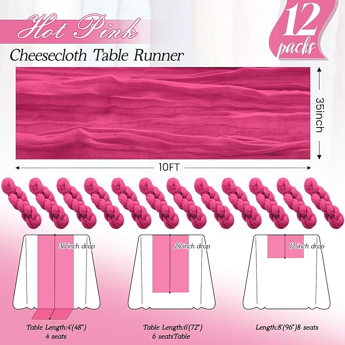 12Pack Hot Pink Cheesecloth Table Runner 35x120Inch Spring Easter Cheese Cloth Table Runner 10FT Boho Gauze Table Runners Rustic Sheer Table Runners for Wedding Bridal Shower Baby Shower Party Decor