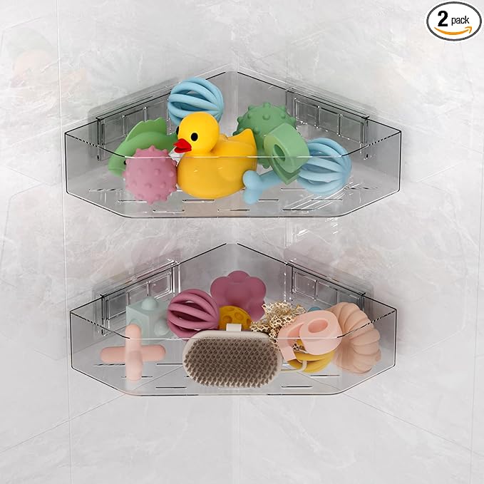 Natheeph Bath Toy Organizer 2-Pack - Grey Large Capacity Bath Toy Storage Holder with Quick-Dry Holes, Space-Saving Corner Shower Caddy for Bathroom & Kitchen