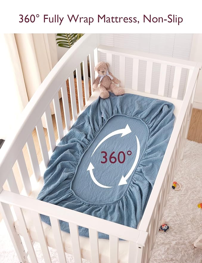 Momcozy Muslin Fitted Mini Crib Sheets, 38"x26", 2 Pack Soft Breathable Natural Cotton Baby Mattress Sheet, 360° Mattress Wrapping No Slip Boys Girls Neutral Toddler Bed Sheet, Grey Blue