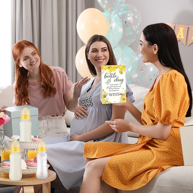 TrelaCo Cool Baby Shower Games Sets 12 Pcs Feeding Bottles with 1 Bottle Chug Sign for Gender Reveal Baby Shower Party Favors Decoration Games(Bee,Yellow)