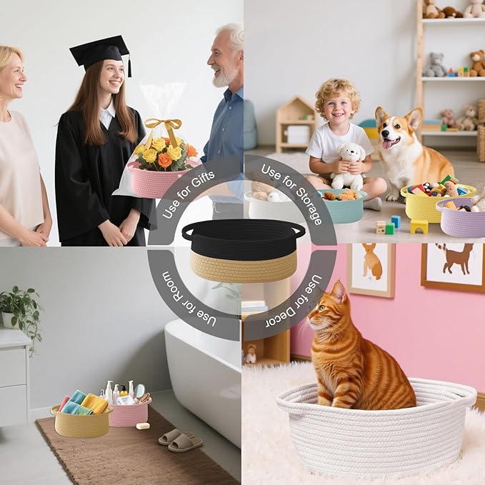 Gift Basket with Gift Bag and Ribbons,Small Rope Woven Shelf Storage,Baskets for Gifts Empty,Birthday,Shower,Decorative Organizer Box for Cat Dog Pet with Handles(Black&Jute)