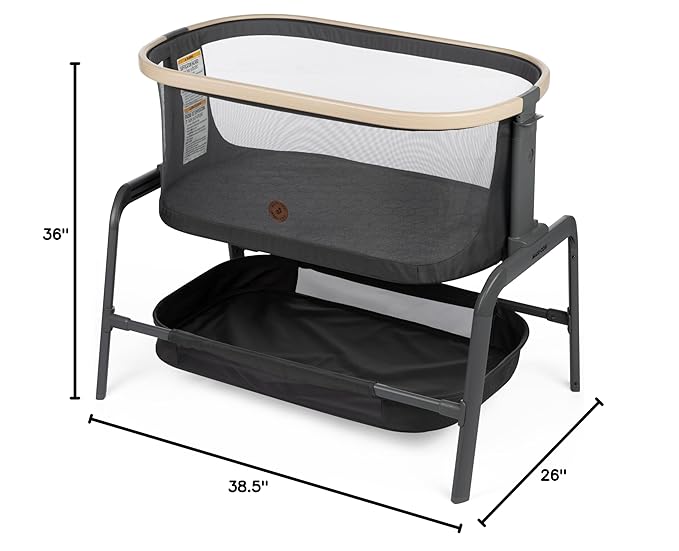 Maxi-Cosi Iora Baby Bassinets Bedside Sleeper, Portable Bassinet, Infant Bedside Sleeper Crib, Height Adjustable, Breathable Mesh, Large Storage Basket, Classic Graphite