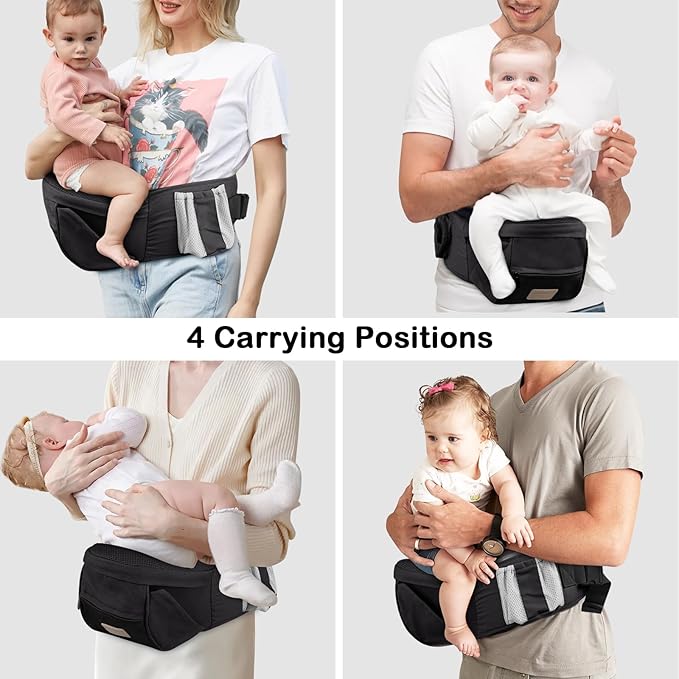Baby Hip Seat Carrier, Adjustable Waistband with 3D Abdominal Support & Various Pockets Ergonomic Carrier for Newborns to Toddlers up to 33l bs Medium Black