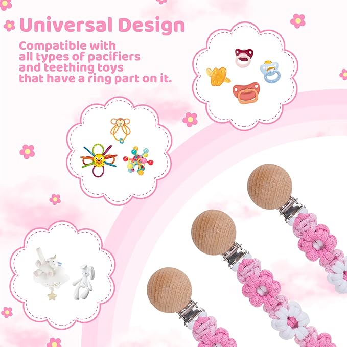 Pacifier Clip for Boys Girls Floral Daisy Macrame Baby Paci Clip Pacifier Holder Leash Boho Wooden Clips Handmade Braided Cotton Binky Clips (1pack:Pink Daisy A)