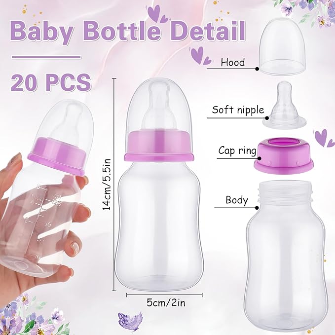 TrelaCo Bottle Chug Baby Shower Game 20 Pcs Baby Bottles Shower Favor with 1 Butterfly Theme Sign for Gender Reveal Party Supplies Gifts(Purple)