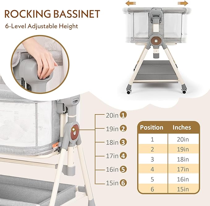 Baby Bassinet,Rocking Bassinet with Waterproof Sheet,3 in 1 Baby Bassinets Bedside Sleeper,6 Height Adjustable Bedside Bassinet for Newborn(Grey)