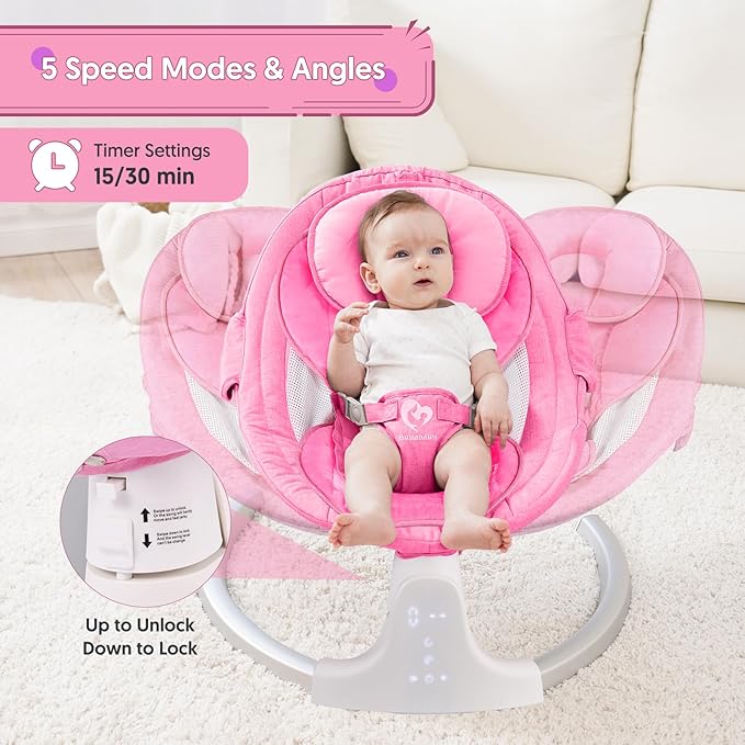 Bluetooth Baby Swing for Infants, Compact & Portable Baby Swing for Girl, 3 Seat Positions, 5 Swing Speed, 10 Music, Remote Control, USB Plug-in Power, Reversible Cushion for All Seasons