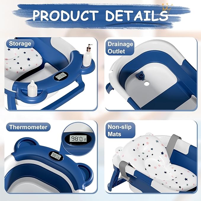 TPN Collapsible Baby Bathtub, Baby Bath Tub with Soft Cushion & Real-Time Thermometer, Baby Bathtub Infant to Toddler Tub (0-36 Months), Portable Newborn Travel Bath tub