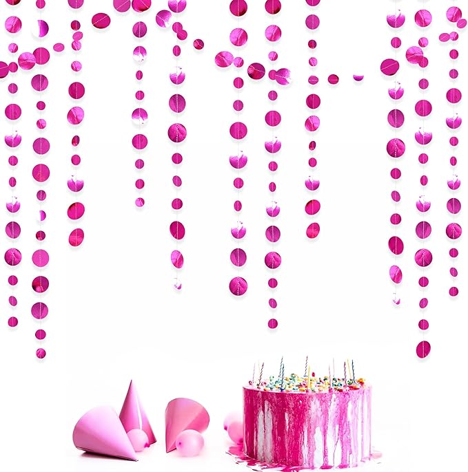 Hot Pink Party Decorations Circle Dots Garland Metallic Rose Pink Hanging Paper Polka Dots Streamer for Bachelorette Birthday Engagement Wedding Bridal Shower Anniversary Baby Shower Party Supplies