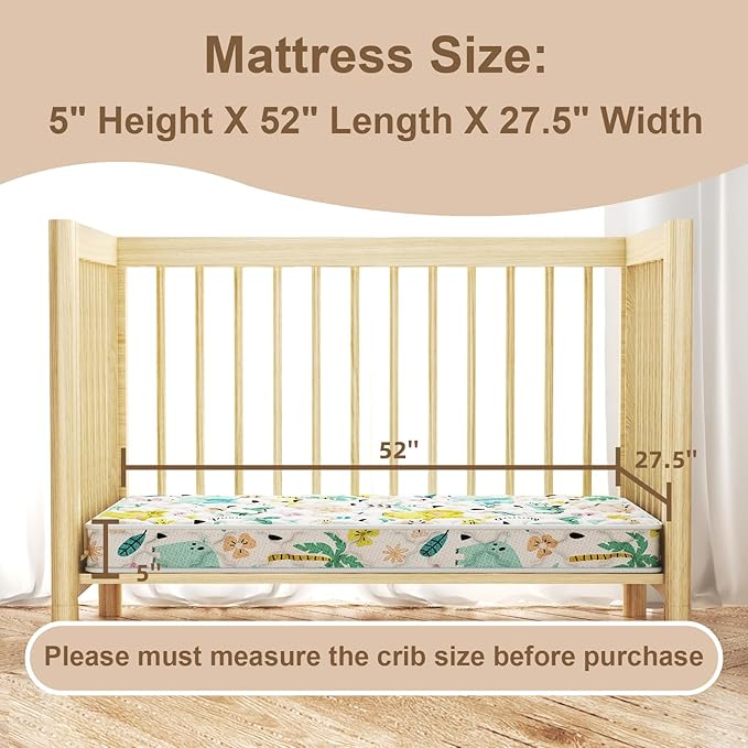 5" Crib & Toddler Mattress, 52x27.5 Breathable Knitted Fabric Cover, CertiPUR-US Certified Foam, Edge Reinforcement, Fits Standard Size Crib and Toddler Bed, Elephant