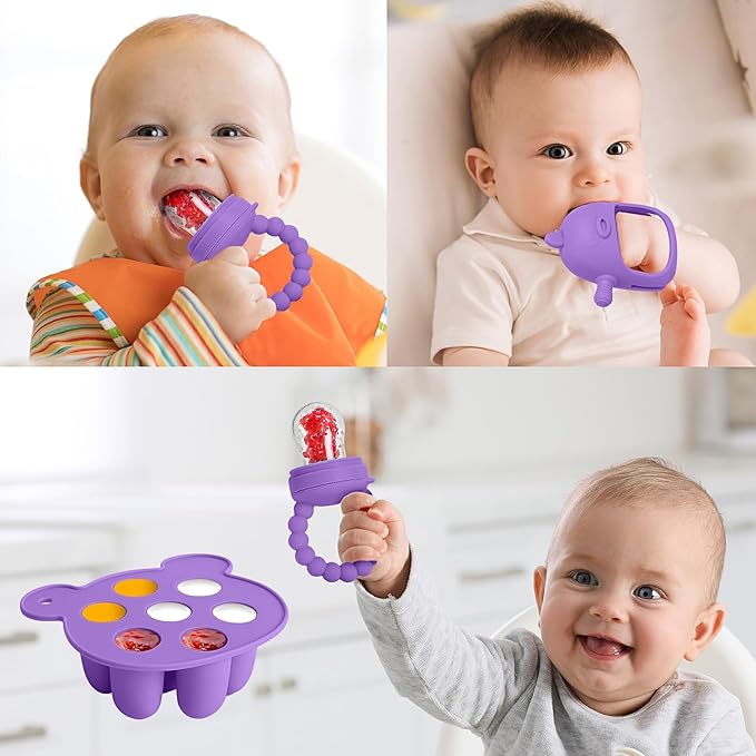 Baby Fruit Food Feeder Breastmilk Popsicle Molds for Teething Relief - 3 Pack Feeding Sets - 1 Freezer Tray with Lid & 1 Teether Toy & 1 Silicone Pacifier + 3 Extra Sizes Infant Feed Mesh (Purple)