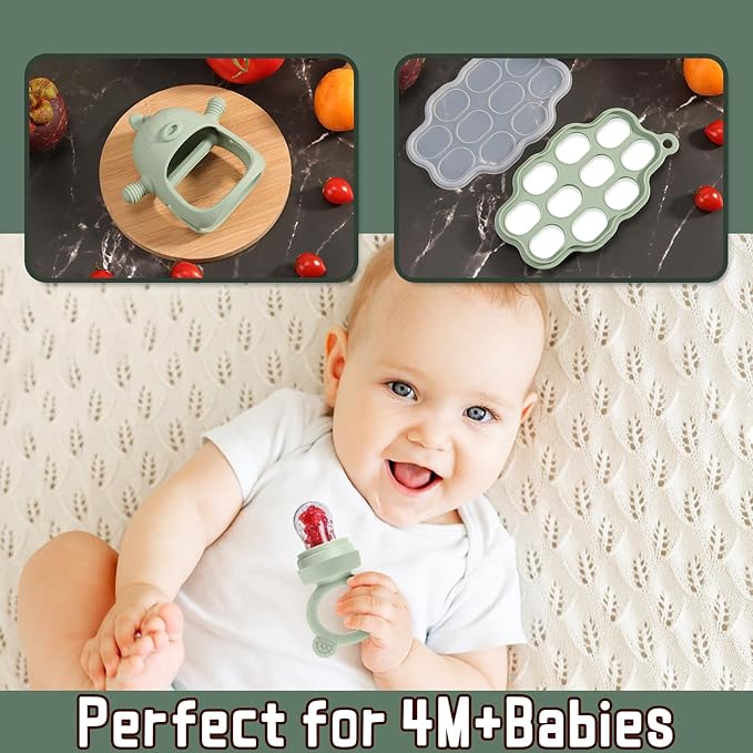 Baby Fruit Feeder Pacifier - 3 Pack | 1 Baby Food Feeder & 1 Baby Teether & 1 Baby Popsicle Molds | Breastmilk Popsicle Molds | Baby Teething Toys | Baby Fruit Food Feeder Pacifier Babies (Pea Green)
