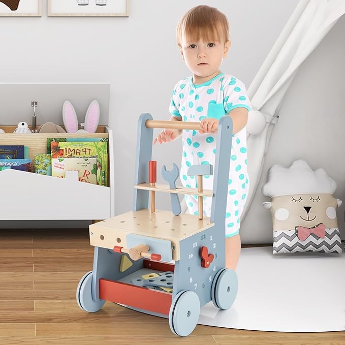 HONEY JOY Baby Push Walker, Wooden Toy Tool Bench & Activity Walker w/Shape Sorter, Develop Motor Skills & Creativity, Push Toys for Babies Learning to Walk, Gift for Boys and Girls, Blue