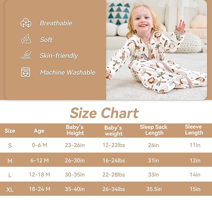 Baby Sleep Sack 18-24 Months, Long Sleeve Baby Wearable Blanket 0.5 Tog with Mittens, 2-Way Zipper Toddler Cotton Sleeping Sack for Boy and Girl Khaki Animal 2 Pack(XLarge)
