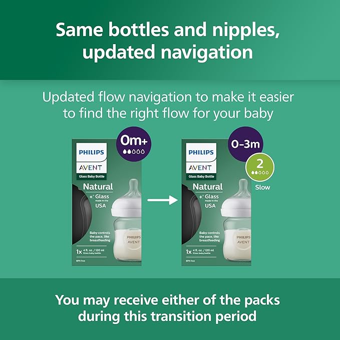 Philips Avent Natural Glass Baby Bottle with Natural Response Nipple (Slow Flow, Flow 2), 4oz, SCY910/01