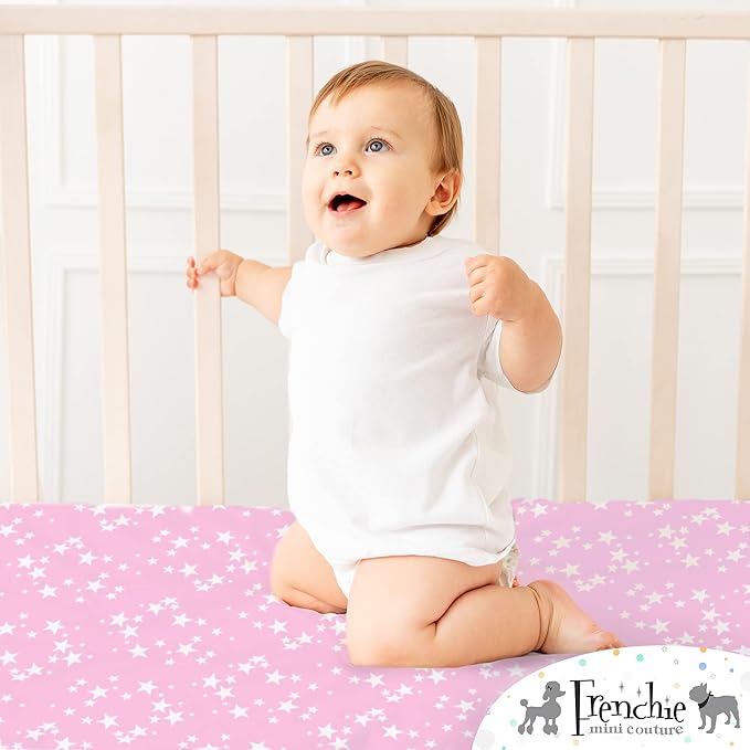 Fitted Pack N Play Sheets 100% Woven Cotton Standard Mattress, Pink Stars, 27 x 39in, 2-Pack