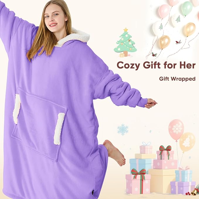 yescool Wearable Blanket Hoodie - birthday gifts for Adults/Women/mom, Flannel Cozy Sherpa Fleece Blanket Sweatshirt with Hood, Pocket & Sleeves, Large, One Size Fits All (Lavender)