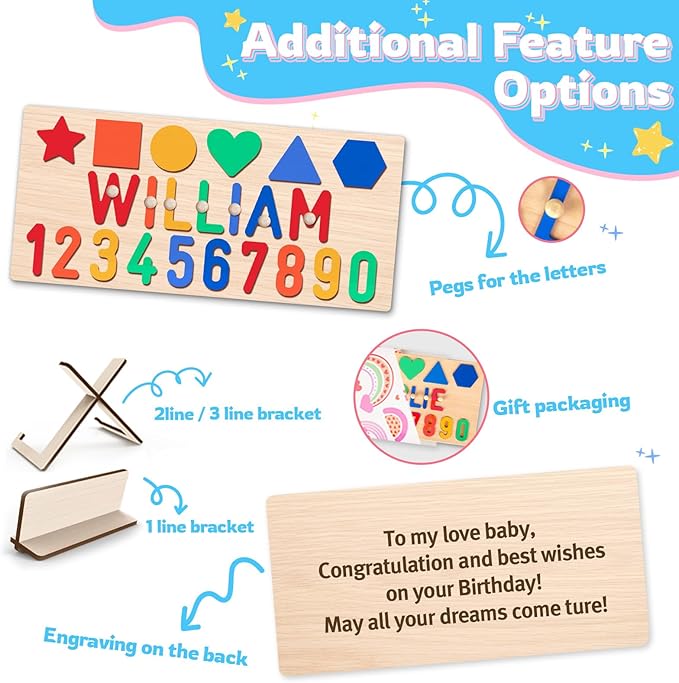 Wooden Name Puzzle for Kids Personalized, Easter Gifts for Toddlers, Baby Easter Basket Stuffers, 1st Birthday Gifts, Early Learning Toys for Baby Boy or Girl, Educational Toys Wooden Toddler Puzzles