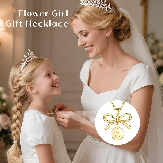 IEFLIFE Flower Girl Gifts - 14K Gold Plated Disc Initial Flower Girl Proposal Necklace Gifts for Girls from Bride, Bow Necklace Gift for Girls on Wedding Bridal Shower Party Jewelry