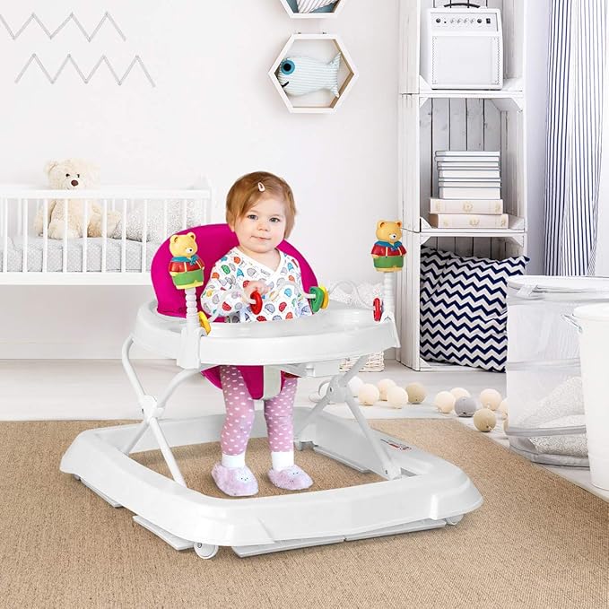 HONEY JOY Baby Walker, Foldable Push Walker Toy-Seated & Walk-Behind with Wheels, Interactive Piano & Pedants, Adjustable Height & & Speed, Padded Seat, Baby Walkers for Boys Girls(Pink)