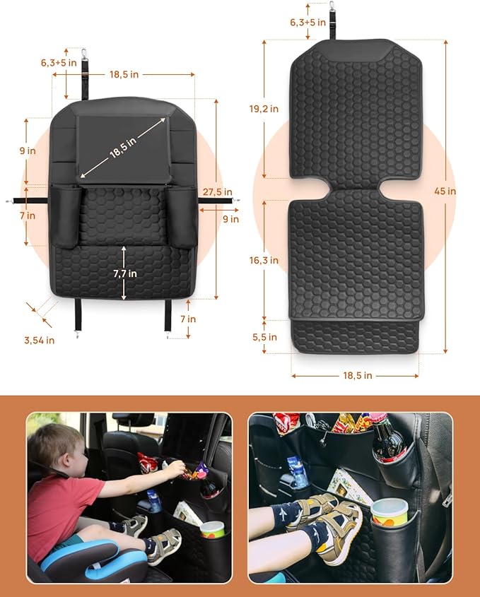 Black Car Seat Set: Backseat Organizers & Waterproof Protector for Child Seats Toy Storage in Black, Brown, Tan Guard Against Dirt, Scratches, Stains on Leather