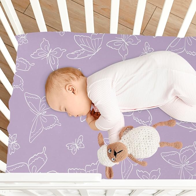Baby Crib Sheets Purple Butterfly Crib Sheets for Boys Girls,Neutral Bassinet Toddler Bed Play Sheets Breathable Soft and Portable 52 * 28 * 9in
