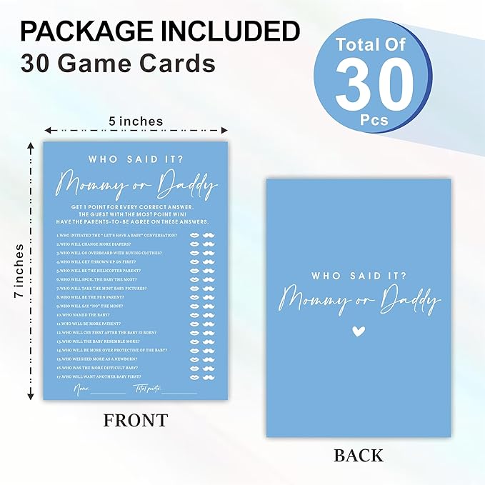 Guess Who Said It? Mommy Or Daddy Baby Shower Game Cards - Minimalism Blue - 30 Double-Sided Fill in Style Game Cards for Gender Reveal, Baby Announcement, Party Games & Activity - C04