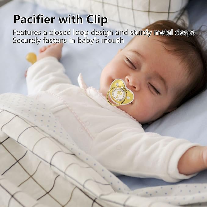 Personalized Golden Letter Baby Pacifier with Bling Design, Clips, Anti-Dust Cover for Newborn Photography