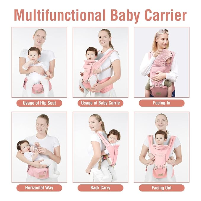 Baby Carrier, 3-in-1 Baby Carrier Newborn to Toddler with Hip Seat (Ergonomic M Position) for 0-36 Month/7-45lbs, Adjustable Size for Enhanced Lumbar Support, Perfect for On-The-go, Pink