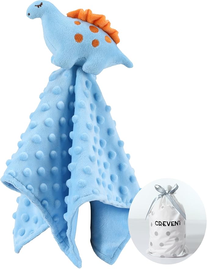CREVENT Cozy Plush Baby Security Blanket Loveys for Baby Boys, Minky Dot Front + Sherpa Backing with Animal Face (Blue Dinosaur)