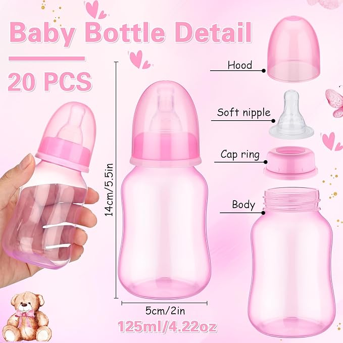 TrelaCo Bottle Chug Baby Shower Game 20 Pcs Baby Bottles Shower Favor with 1 Bear Theme Sign for Gender Reveal Party Supplies Gifts(Transparent Pink)
