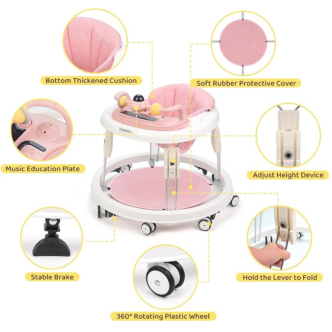 Baby Walker with Wheels,Music and Lights Baby Walker for Boys Girls 6-12 Months,Foldable Baby Walkers and Activity Center,Toddler Infant Walker with 7-Speed Height Adjustment,Detachable Plate,Pink