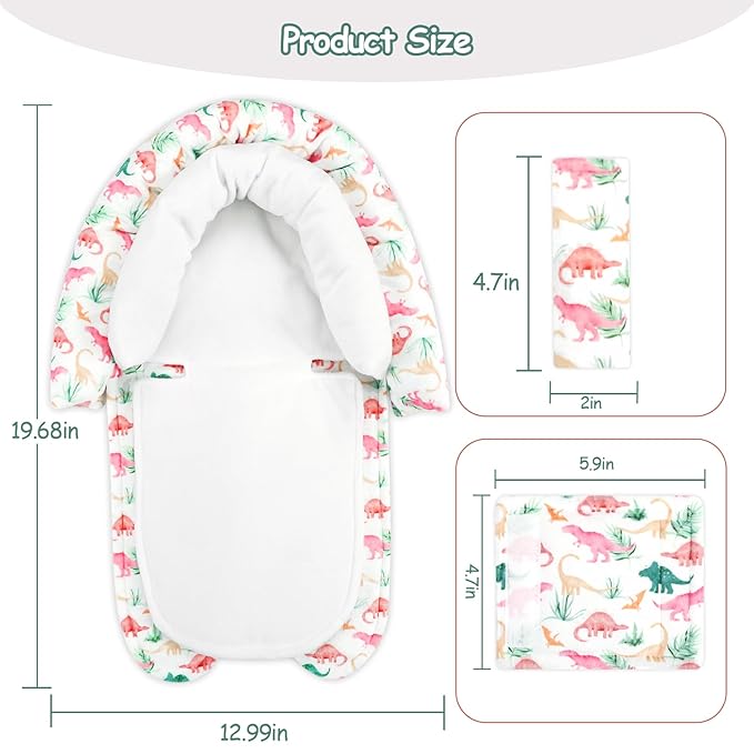 SWESEN Baby Car Seat Head Support, Super Soft 2 in 1 Infant Car Seat Insert, Reversible Newborn Car Seat Insert Cushion with Strap Covers for Strollers, Bouncers, Swing, Dinosaur