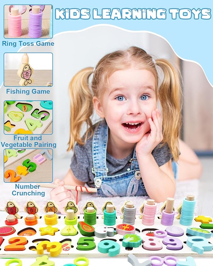 Magnetic Fishing Game, Montessori Educational Toy for 1-3, Wooden Alphabet Number Shape Puzzles, Rings Counting Sorting Toys Math Shape Blocks for Toddlers 3-5