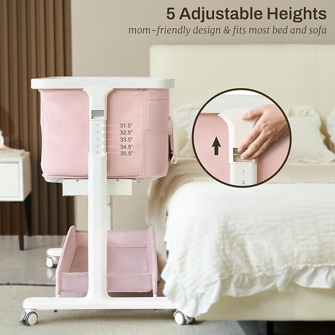 Electric Bassinet Baby Cradle 3 Rocking Motion, 3 in 1 Baby Bassinets for Newborn with 5 Heights Adjustable, Girl/boy Automatic Rolling Bedside Sleeper, Pink
