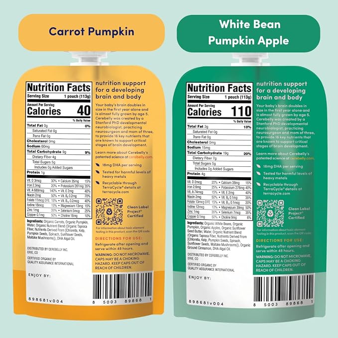 Cerebelly Organic Baby Food Pouches – Organic Veggie and Bone Broth Baby Food | 16 Nutrients, No Added Sugar, Non-GMO | Blended Toddler Food | 4 Ounce BPA-Free Baby Foodes | 6 Flavors | 8 Pack