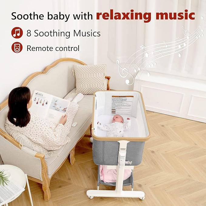 Rocking Bassinet for Baby Electric Automatic Bedside Sleeper Rocks Itself 3 Speed Auto Rolling Newborn Cradle 5 Height Adjustable with Music, Wheels, Storage, Dark Grey
