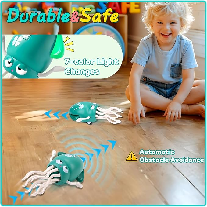 Dancing Octopus Baby Toy, Electric Crawling Squid with Obstacle Avoidance, Infant Light up Music Toys for 3 4 5 6 7 Year Old Kids, Rechargeable Tummy Time Toy Boy Girl Birthday Gifts (Green)