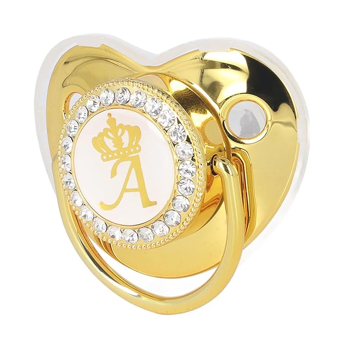 Personalized Golden Letter Baby Pacifier with Bling Design, Clips, Anti-Dust Cover for Newborn Photography, Letter A